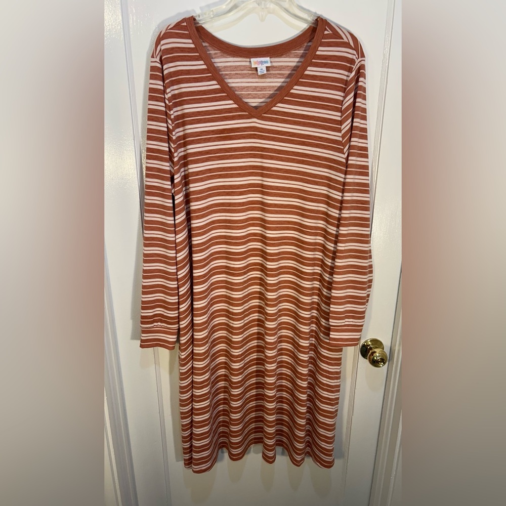 LuLaRoe Women's XL Long Sleeve T-Shirt Dress V Neck Orange & White Horiz Striped
